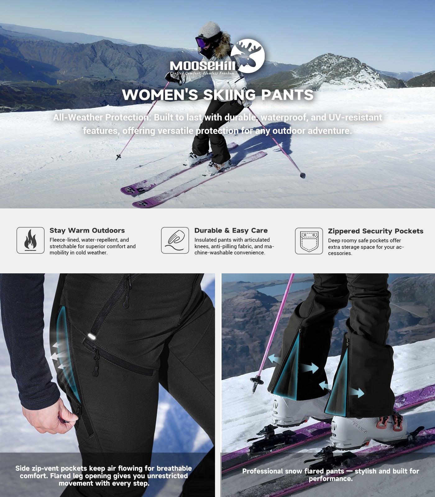 Pantaloni da sci da donna foderati in pile - SnowVenture W048