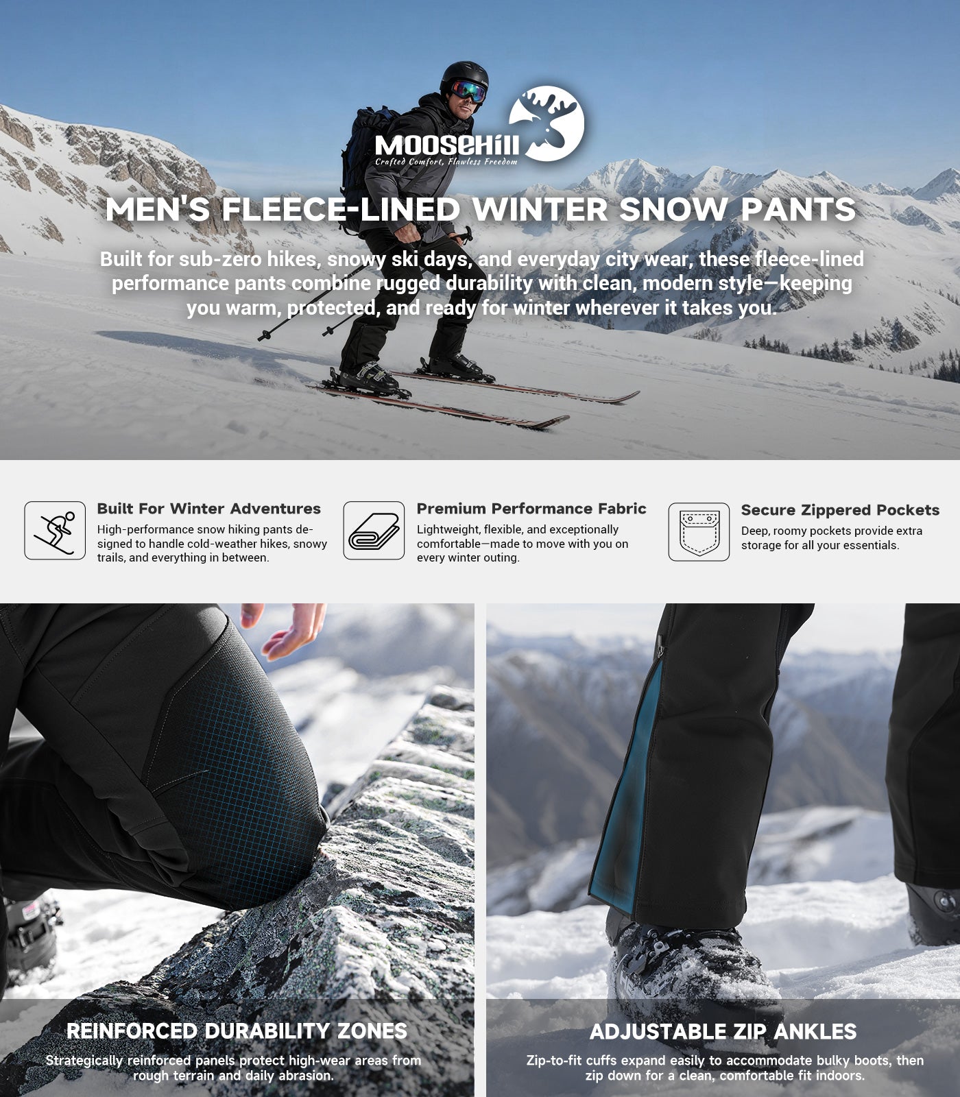 Pantaloni pentru bărbați de schi pe zăpadă căptușiți cu fleece - SnowVenture M055