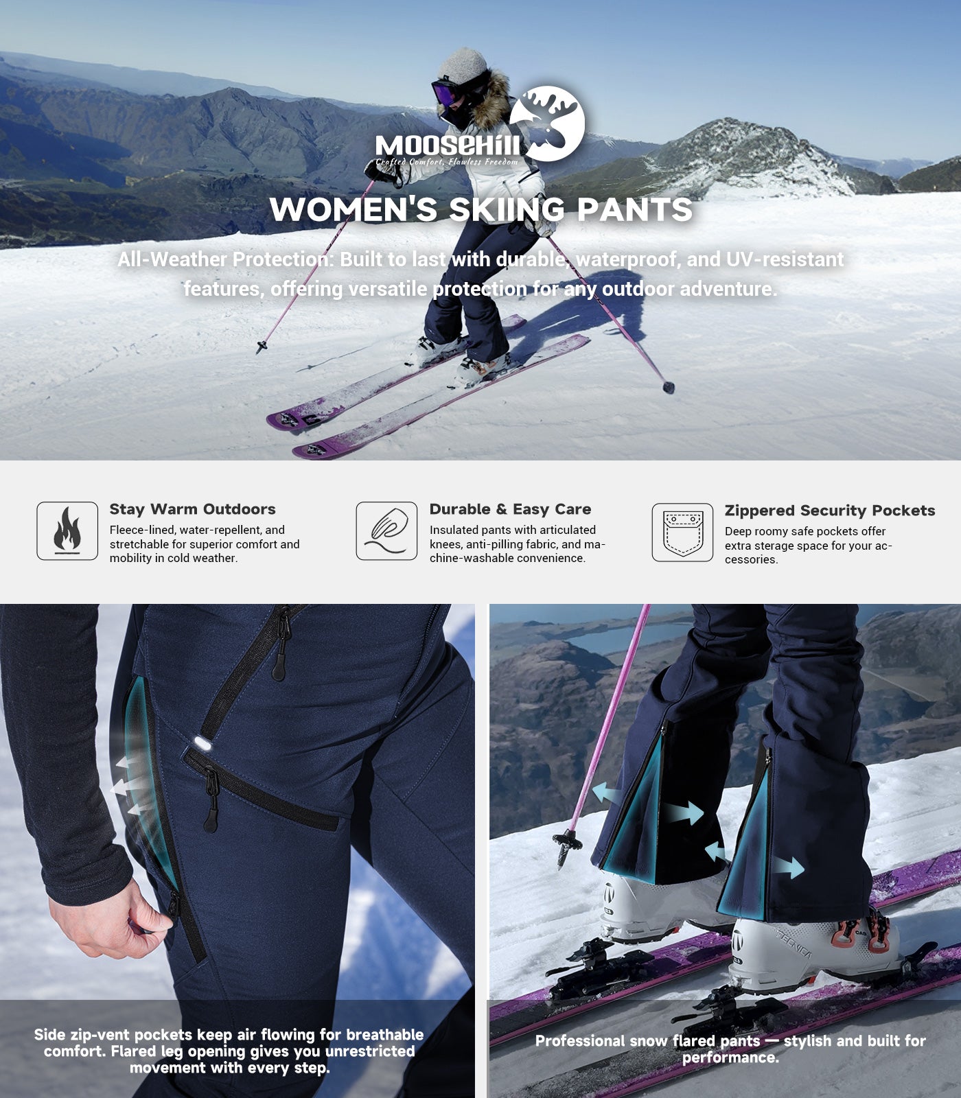 Pantaloni da sci da donna foderati in pile - SnowVenture W048