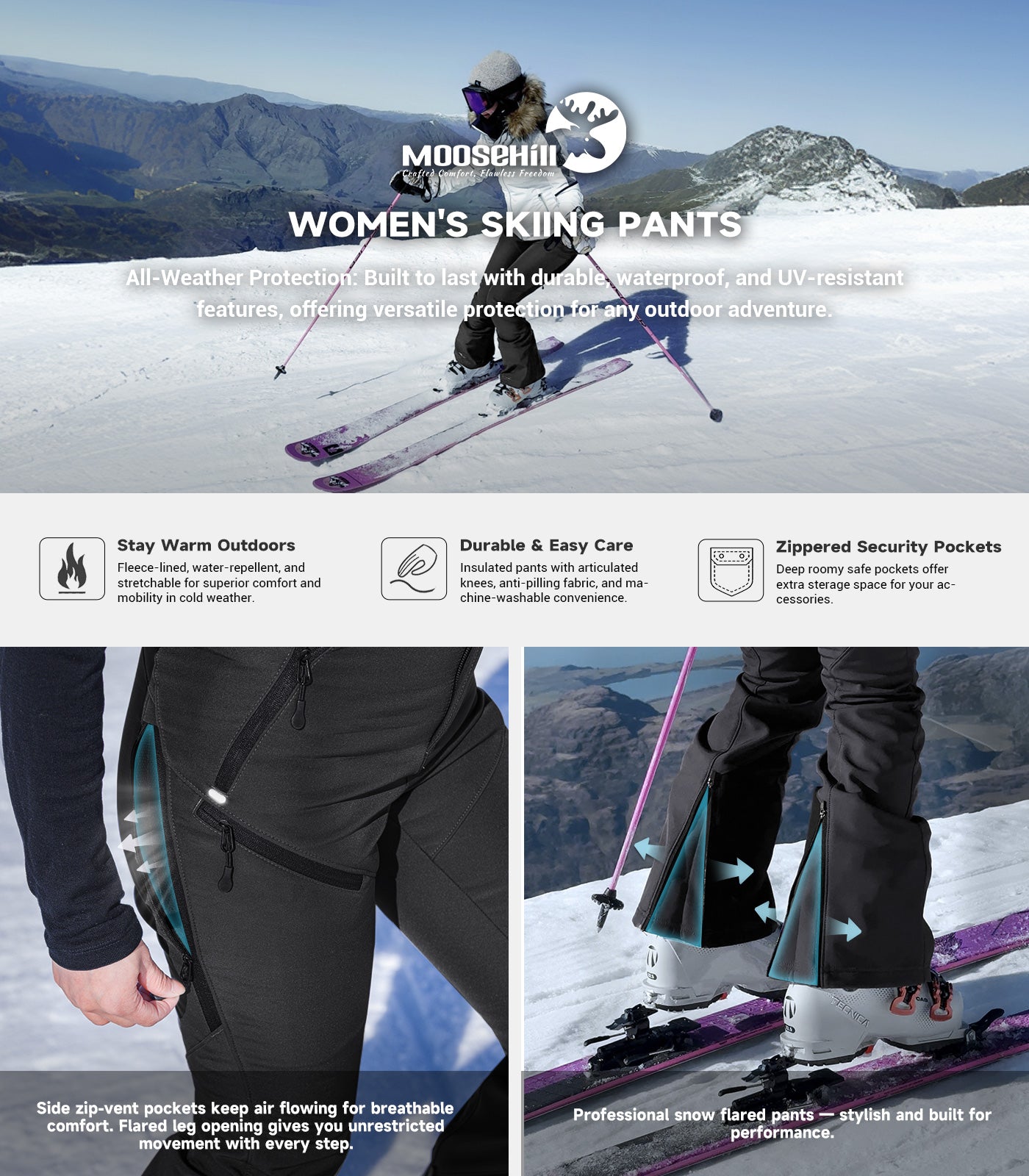 Pantaloni da sci da donna foderati in pile - SnowVenture W048