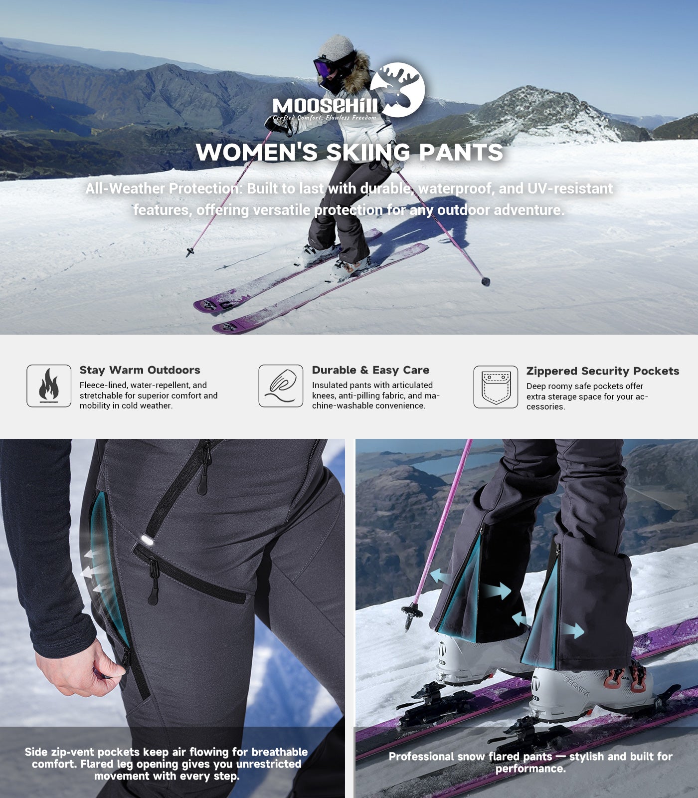 Pantaloni da sci da donna foderati in pile - SnowVenture W048